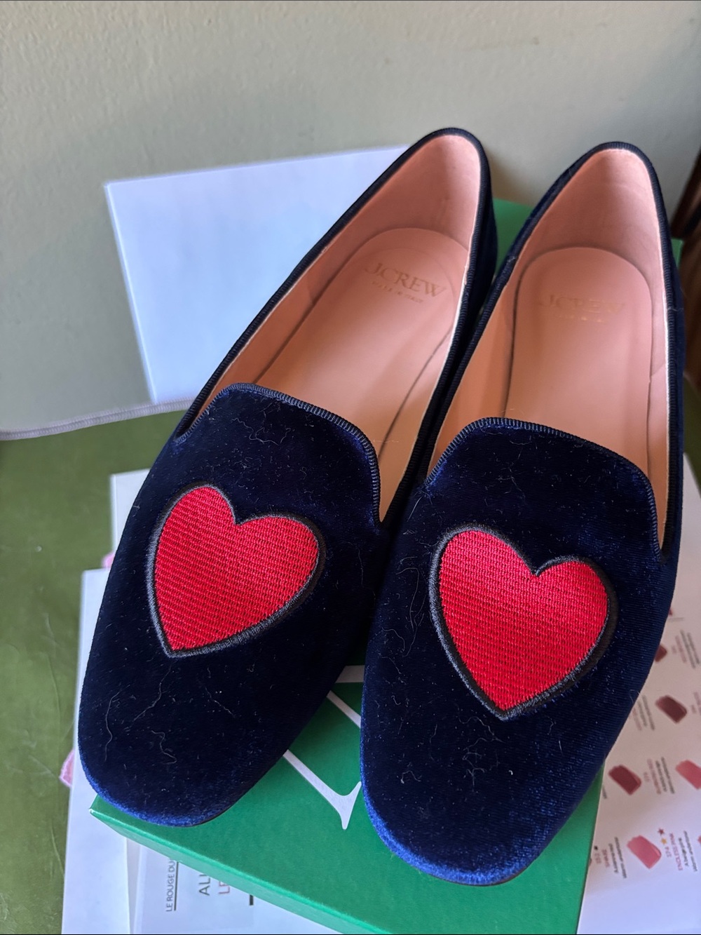 J. Crew Navy Velvet Loafers with Red Heart Applique
